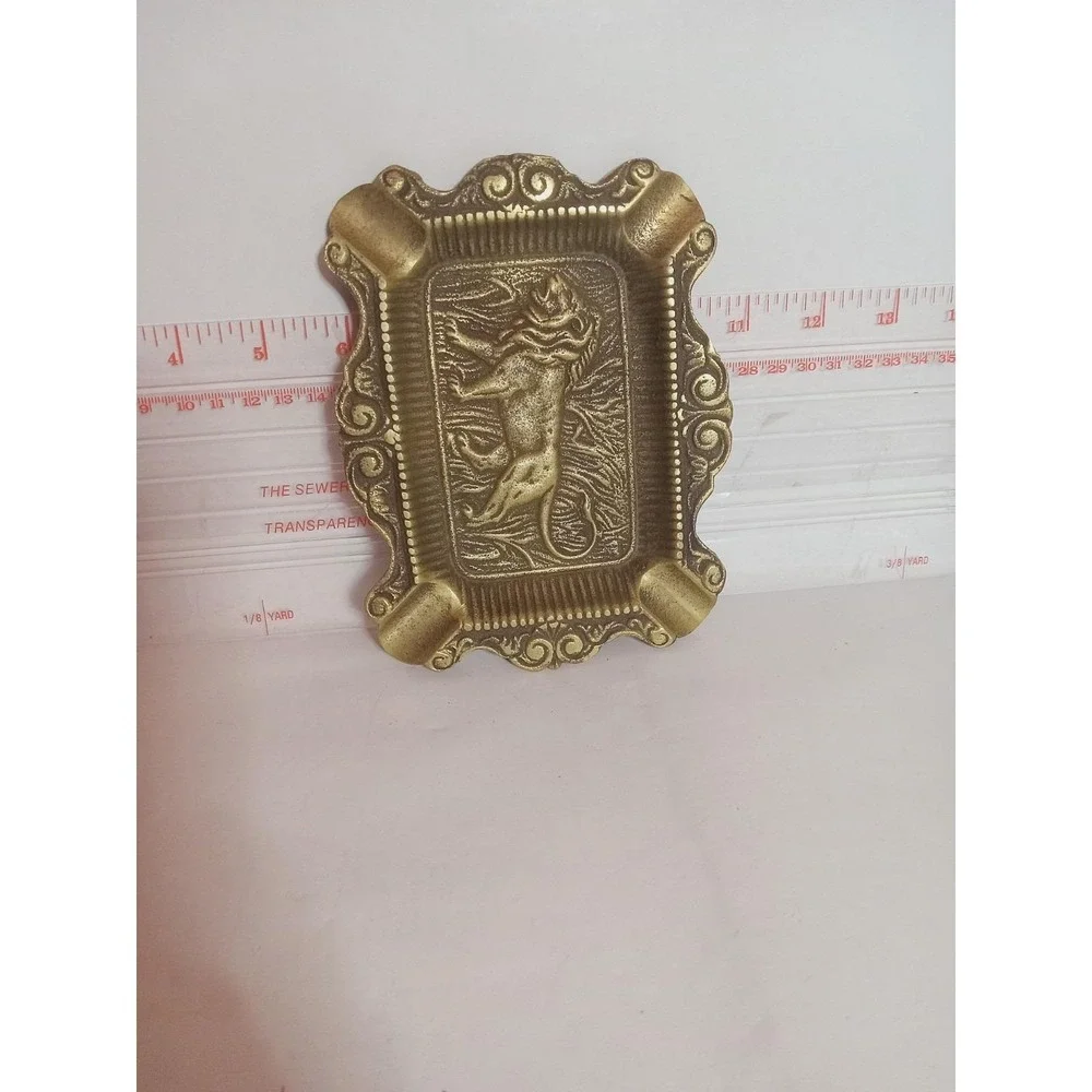 Traditional Finest Brass Ashtray Engraved Lion for Decor Great Vintage Piece